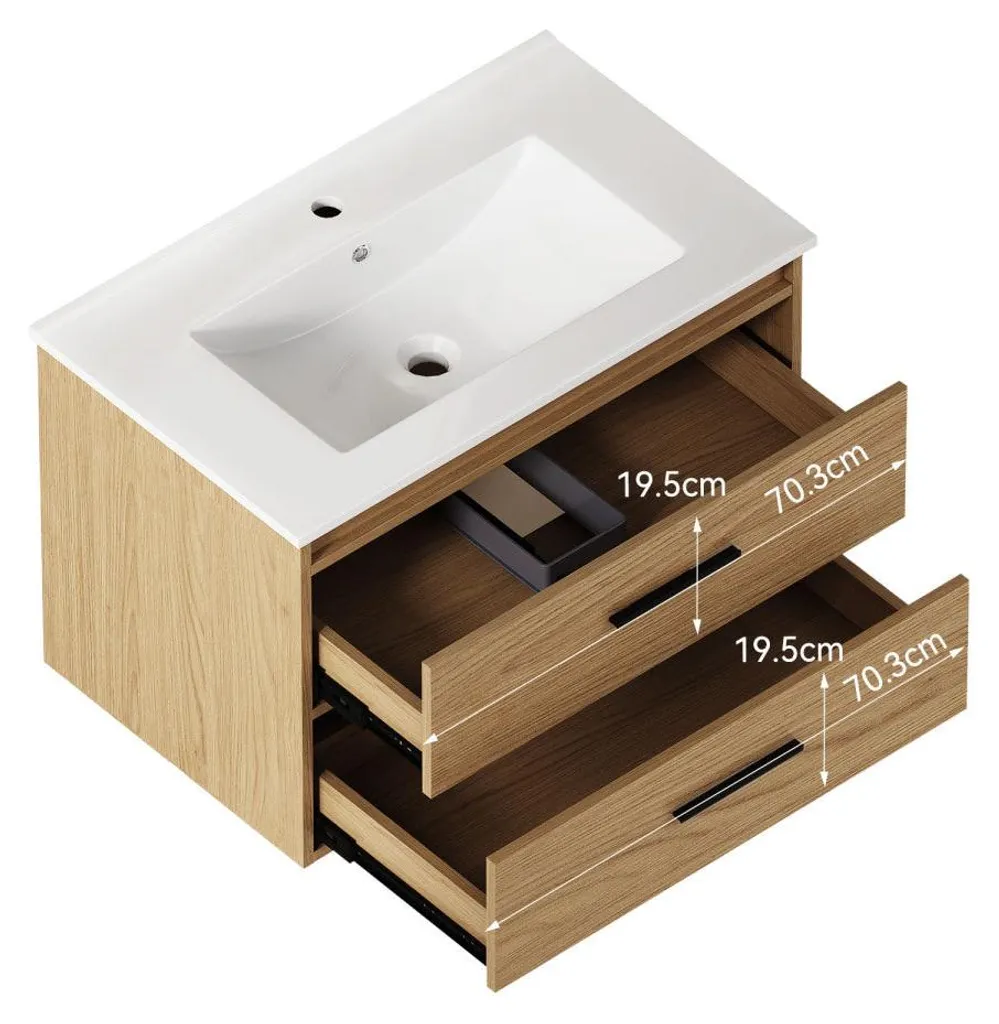 Meuble sous-vasque 75 cm chêne clair, solution de rangement à 2 tiroirs - 12