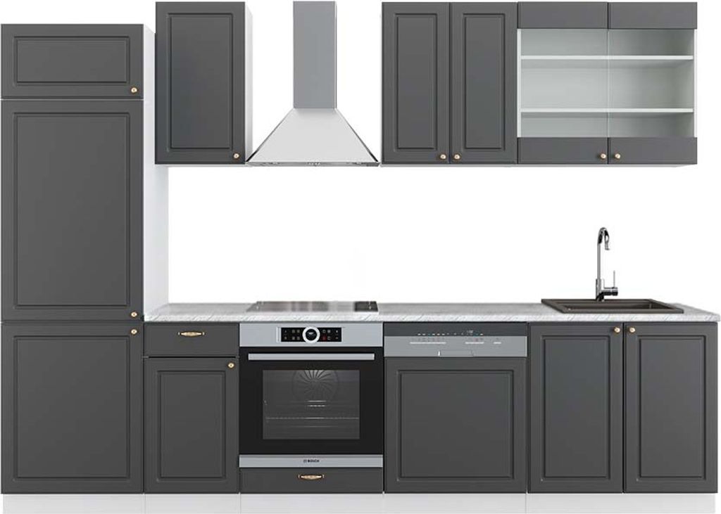Küchenzeile Vicco Fame-Line Anthrazit-Gold/Weiß 300 cm , AP Marmor, Model 42207