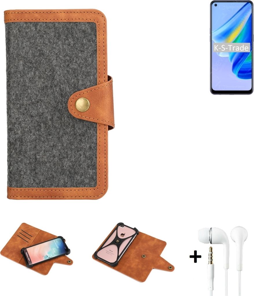 K-S-Trade Handyhülle + Kopfhörer kompatibel mit Oppo A95 4G Schutzhülle Filzhülle Kunstleder dunkelgrau braun (1x)