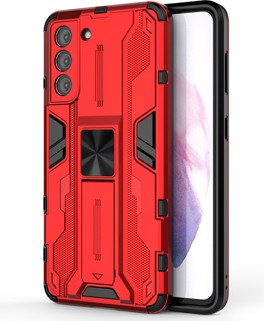Galaxy S21 5G Hülle, Dual Layer PC TPU Bumper Stoßfest Ständer Schutzhülle für Samsung Galaxy S21 5G Rot