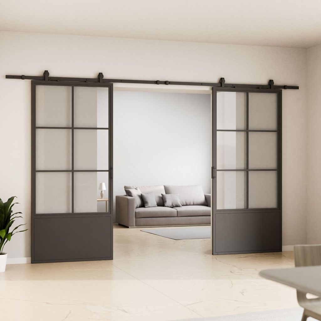 Loftschiebetür 2-flügelig 2050x2200 mm, Stahl schwarz mit Klarglas Einsatz, Komplettset inkl. offene Laufschiene und Softclose