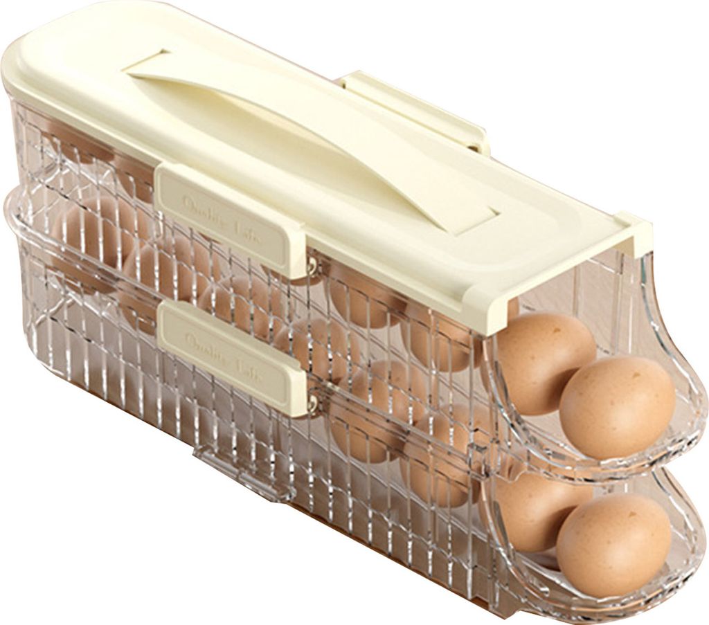 Eier-Aufbewahrungsbox für den Kühlschrank, automatischer Roll-Eier-Organizer, große Kapazität, transparenter, stapelbarer Eierspender mit Deckel