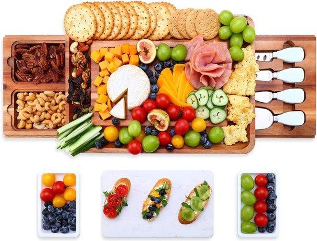 Holz-Käseplatte-Set, quadratisch, mit Besteck, ideal für Snacks und Obst, weiß