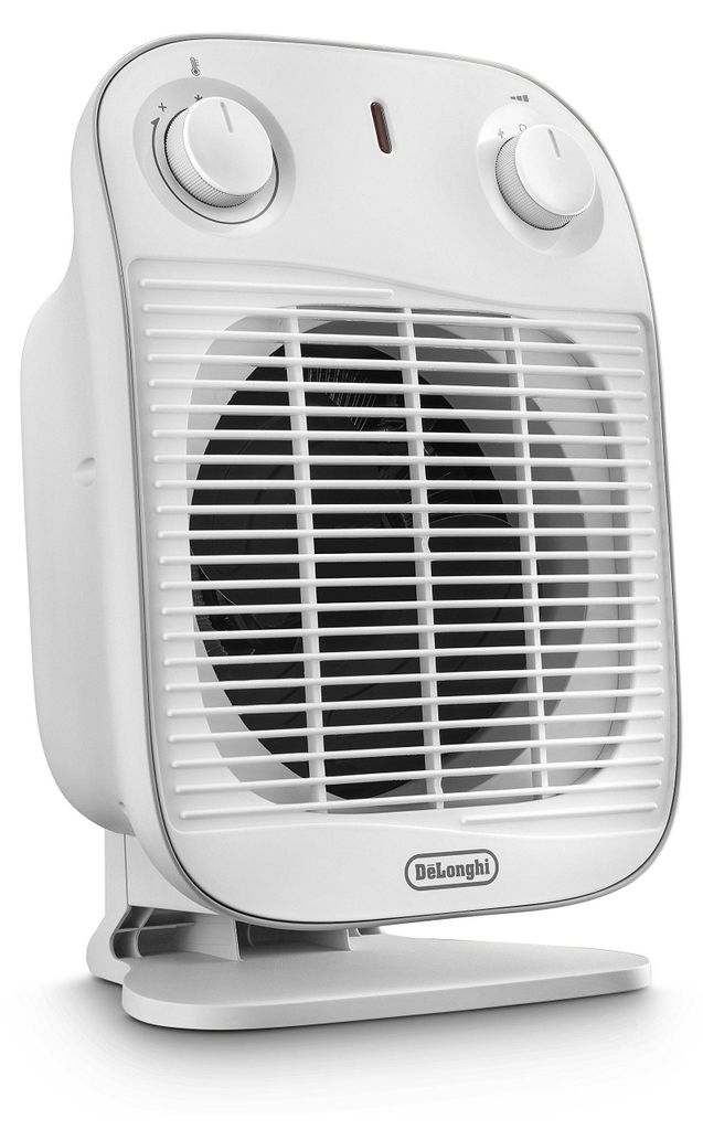 A white De'Longhi electric heater is shown from a three-quarter angle against a white background.