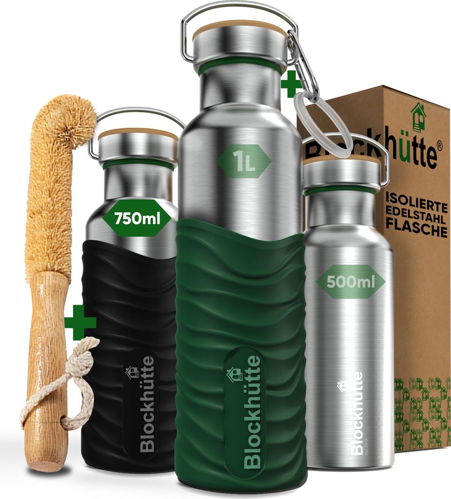 Blockhütte Edelstahl Trinkflasche 750ml I Wasserflasche Kohlensäure geeignet I Auslaufsicher, BPA-Frei Metall Thermosflasche mit Silikonmantel I