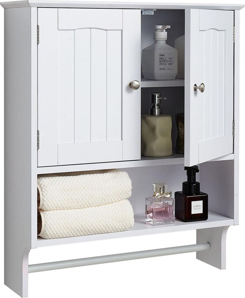 Badezimmer-Wandschrank, 2 Türen und verstellbares Regal, über dem WC montierter Medikamentenschrank, Wandhalterung, hängender Organizer mit offe...