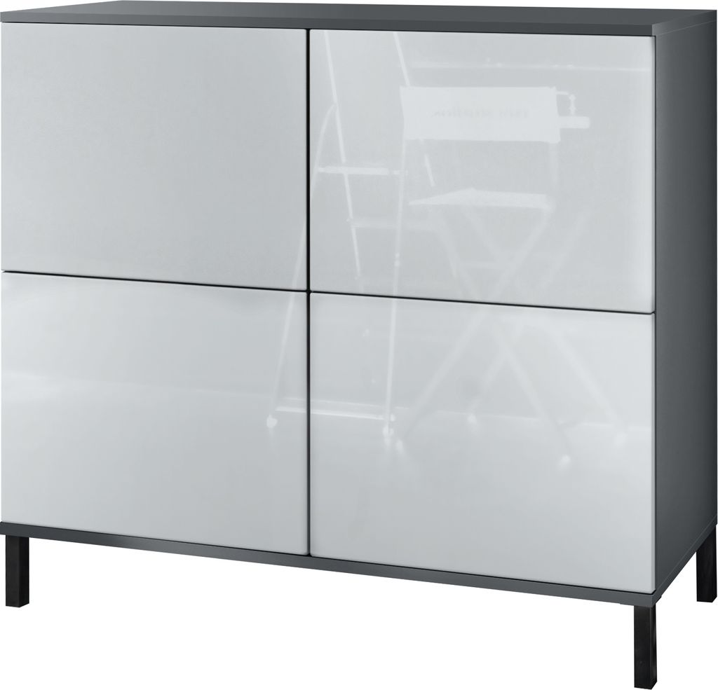 Vladon Kommode Rova V3, Moderner Küchenschrank mit 4 Push-to-Open Türen Anthrazit matt / Weiß Hochglanz (92,5 x 83.5 x 35)