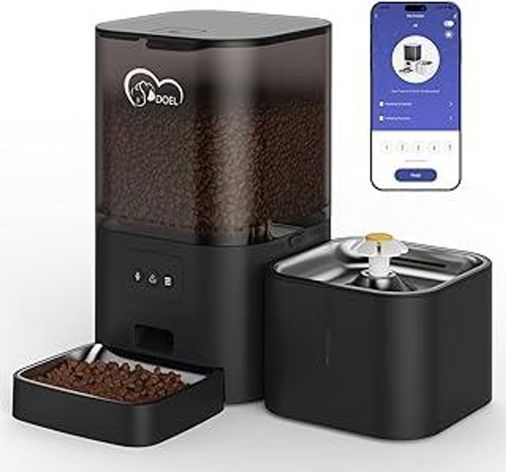 DOEL 2-in-1-Automatik-Futter- und Wasserspender für Katzen, großvolumiger 6-Liter-Trockenfutterspender + 2,5-Liter-Wasserspender mit App-Steuerun...