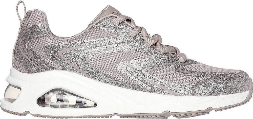 A side view of a single silver and white Skechers sneaker.
