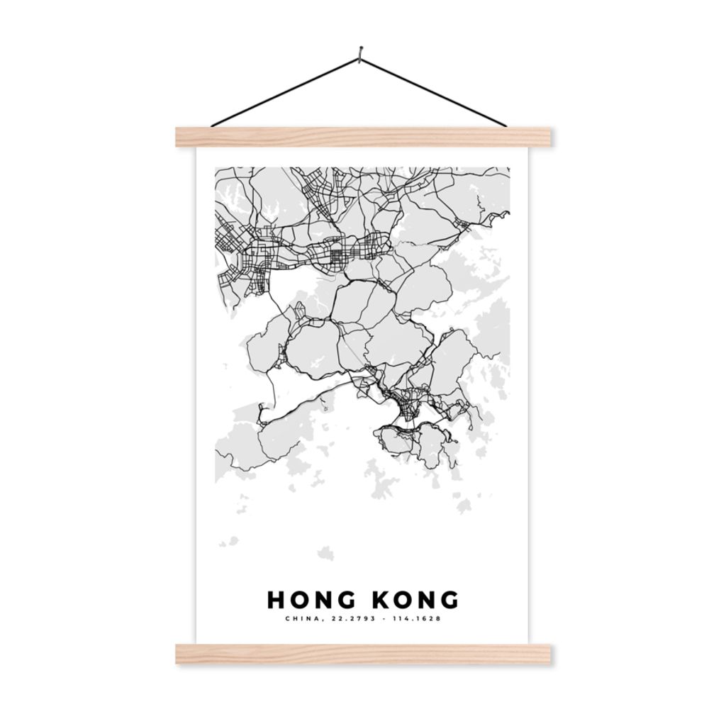 MuchoWow Textilposter Hongkong - Stadtplan - Schwarz und weiß - Karte 60x90 cm mit holzfarbenen Rahmen - Textil