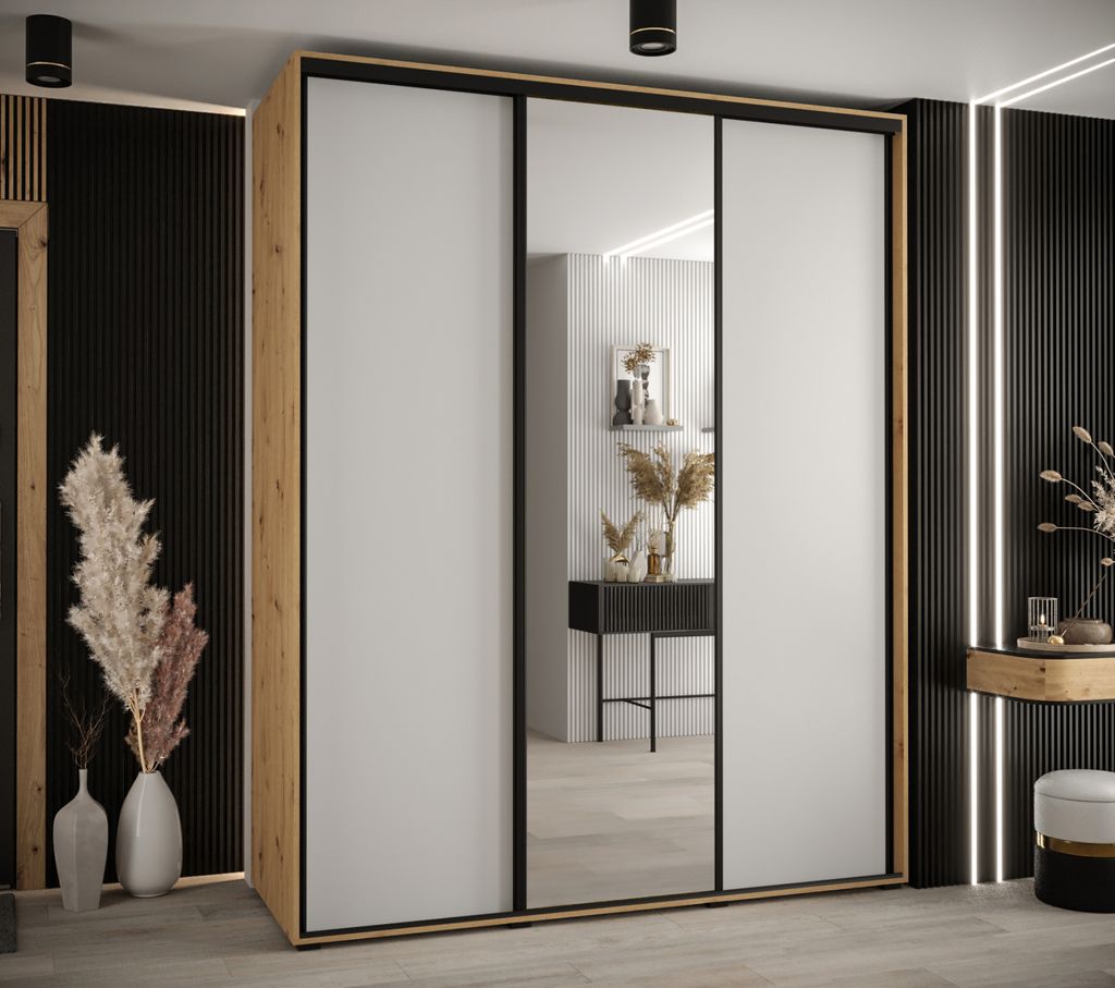 Kleiderschrank ASIRI 3 - 200/60 cm, Eiche handwerklich / weiß / schwarz