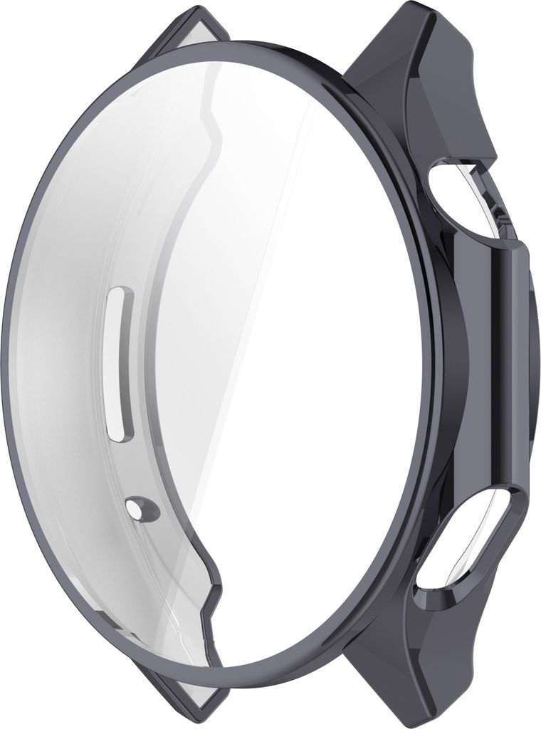 A close-up studio shot of a dark gray watch case.