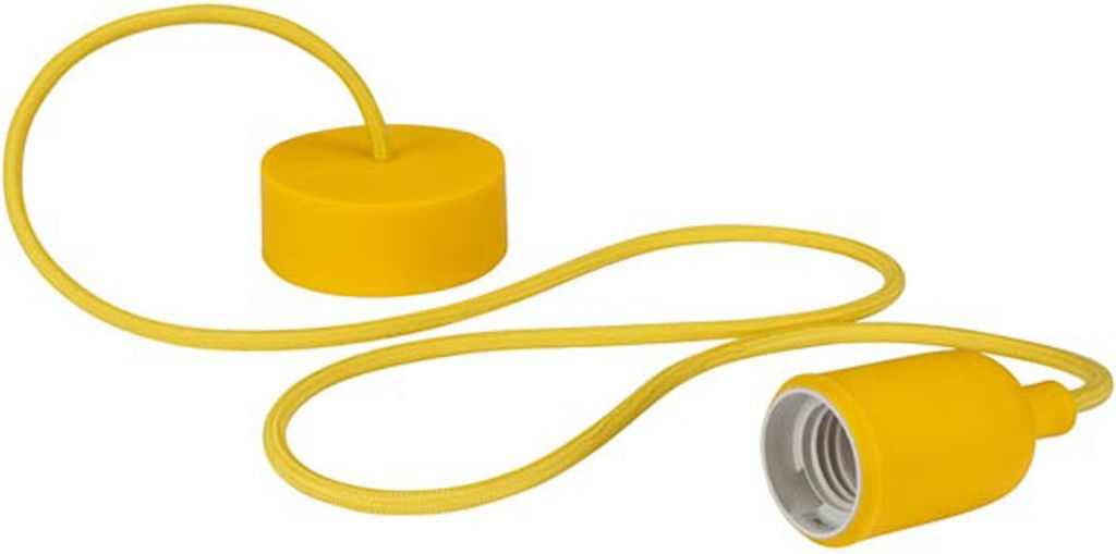 A yellow pendant light cord with a ceiling cap and an E27 socket.