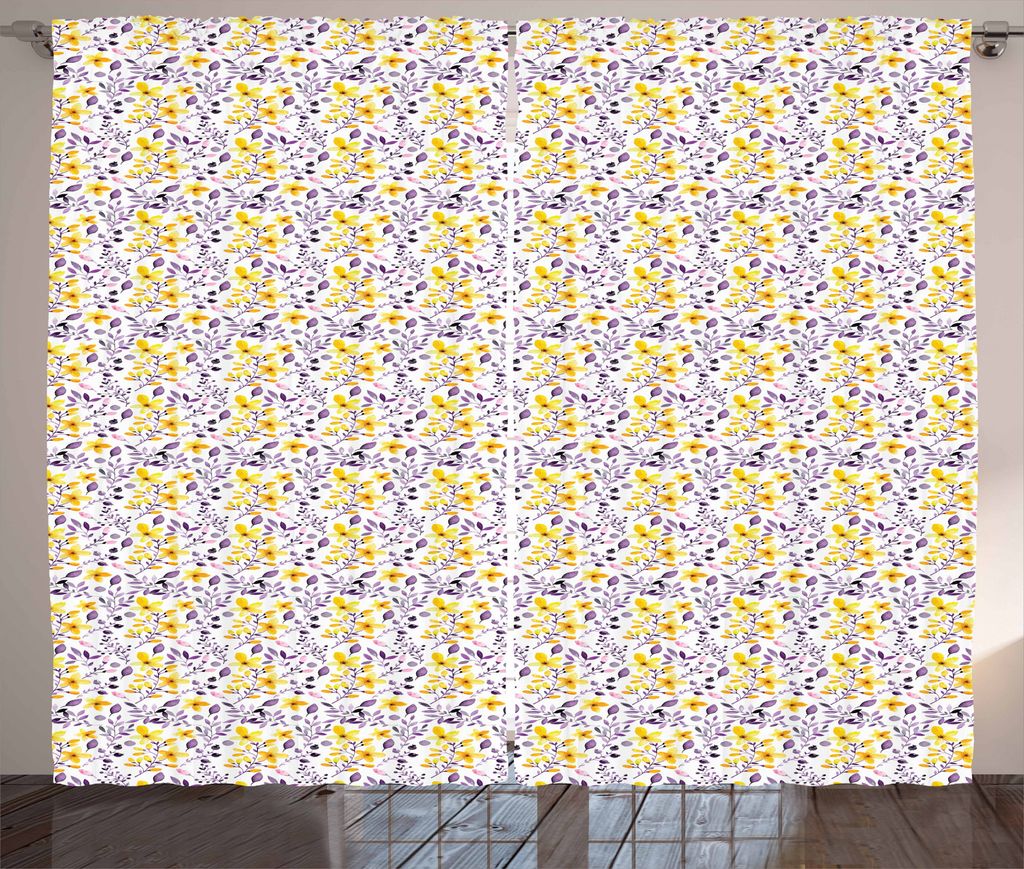 ABAKUHAUS Blumen Rustikaler Vorhang, Aquarelle Folaige Petals, Wohnzimmer Universalband Gardinen mit Schlaufen und Haken, 280 x 175 cm, Lila und Gelb