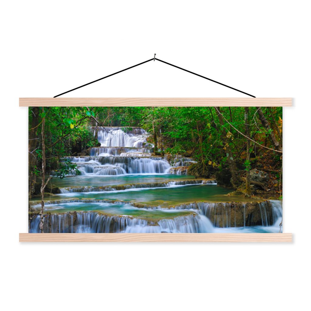 MuchoWow Textilposter Wasserfall - Bäume - Natur - Dschungel 60x30 cm mit holzfarbenen Rahmen - Dekoration