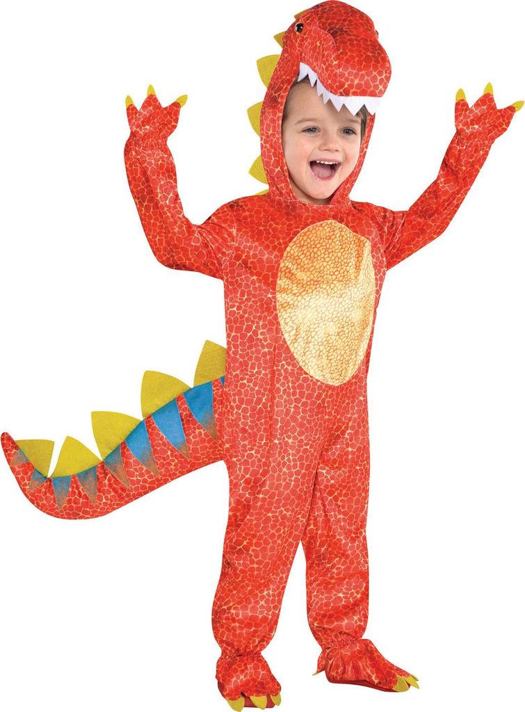 A child wearing a red dinosaur costume.