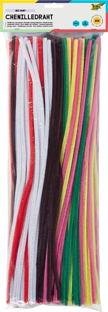 Fil Chenille Flexible 8mm x 50cm en 10 Couleurs, Pack de 200 Unités Pro