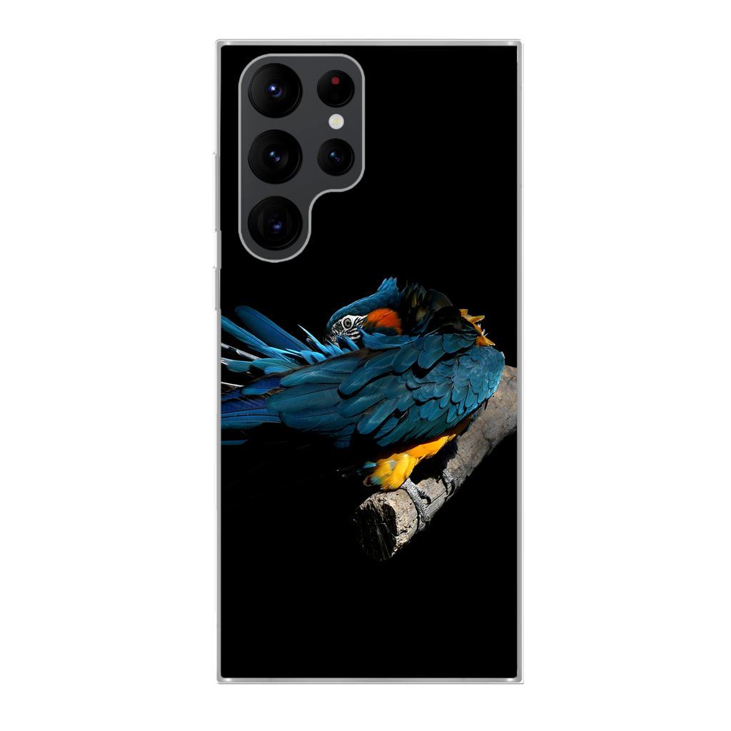 MuchoWow Handyhülle Schutzhülle Hülle für Samsung Galaxy S22 Ultra Vogel - Federn - Zweig - Schwarz Silikon Softcase Handy Hülle - Abbildung