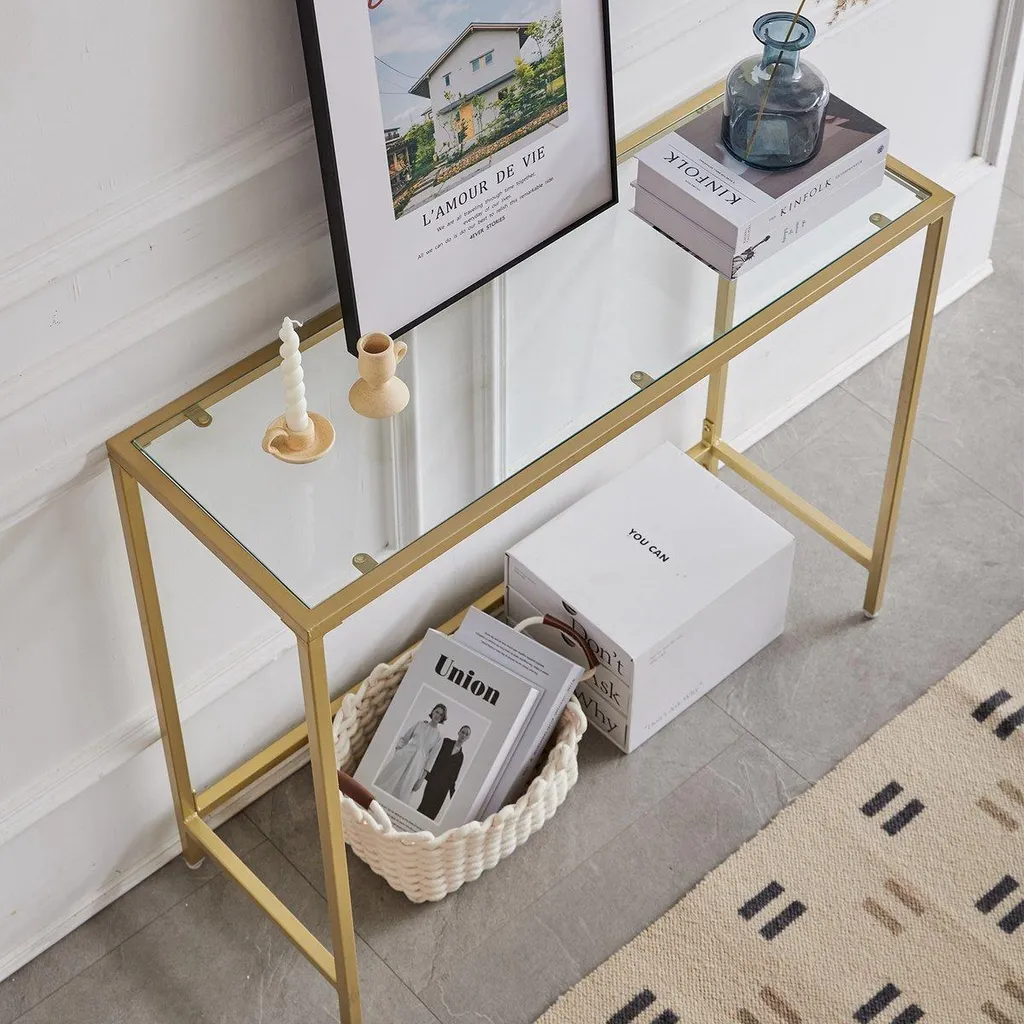 Console d'Entrée Design Bolt Edge - Table d'Appoint Or et Verre 100 cm - 2
