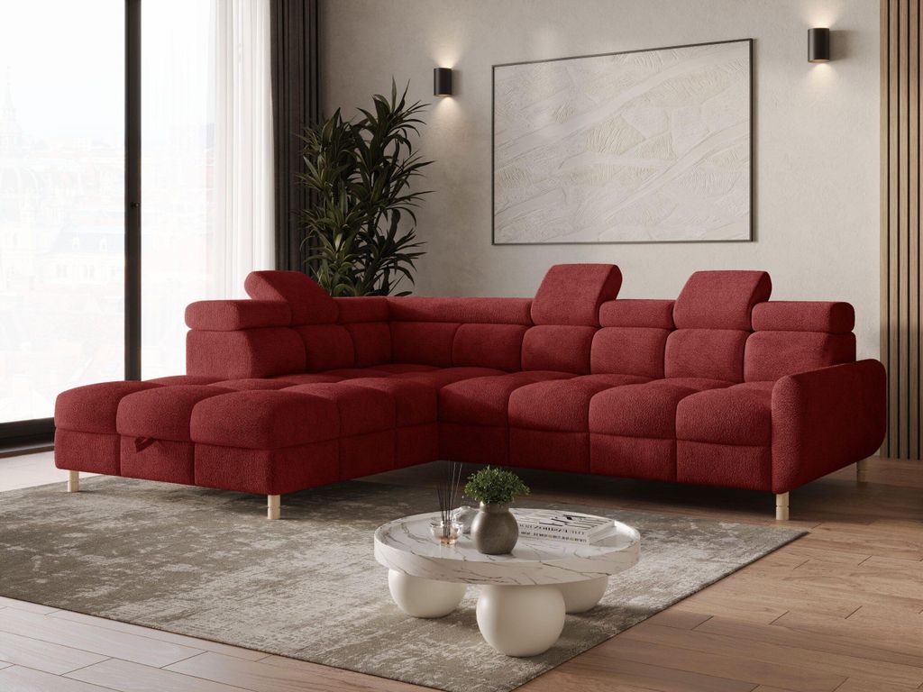 MOEBLO Ecksofa L mit Schlaffunktion & Bettkasten – Modernes Schlafsofa mit Stauraum, verstellbaren Kopfstützen - Ecksofa BUN - Rot - Arena 8 - L...