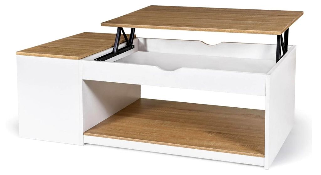 Rechteckiger Couchtisch ELEA mit hochklappbarer Tischplatte und Holzkasten in Weiß mit Buchenholzoptik