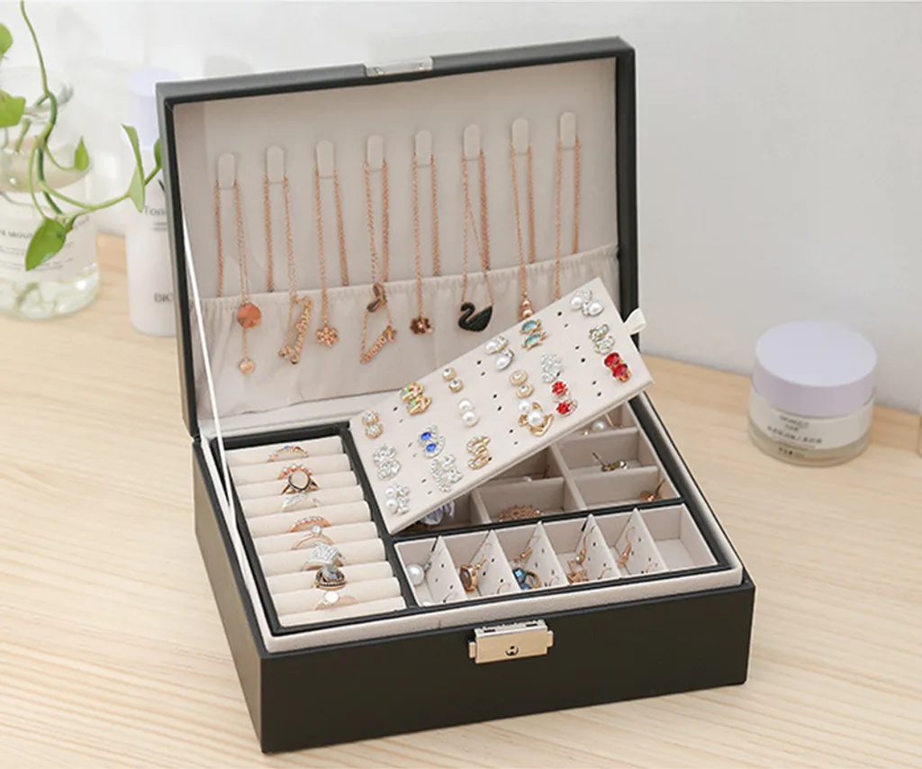 Coffret à bijoux noir double niveau avec compartiments et verrou - 3