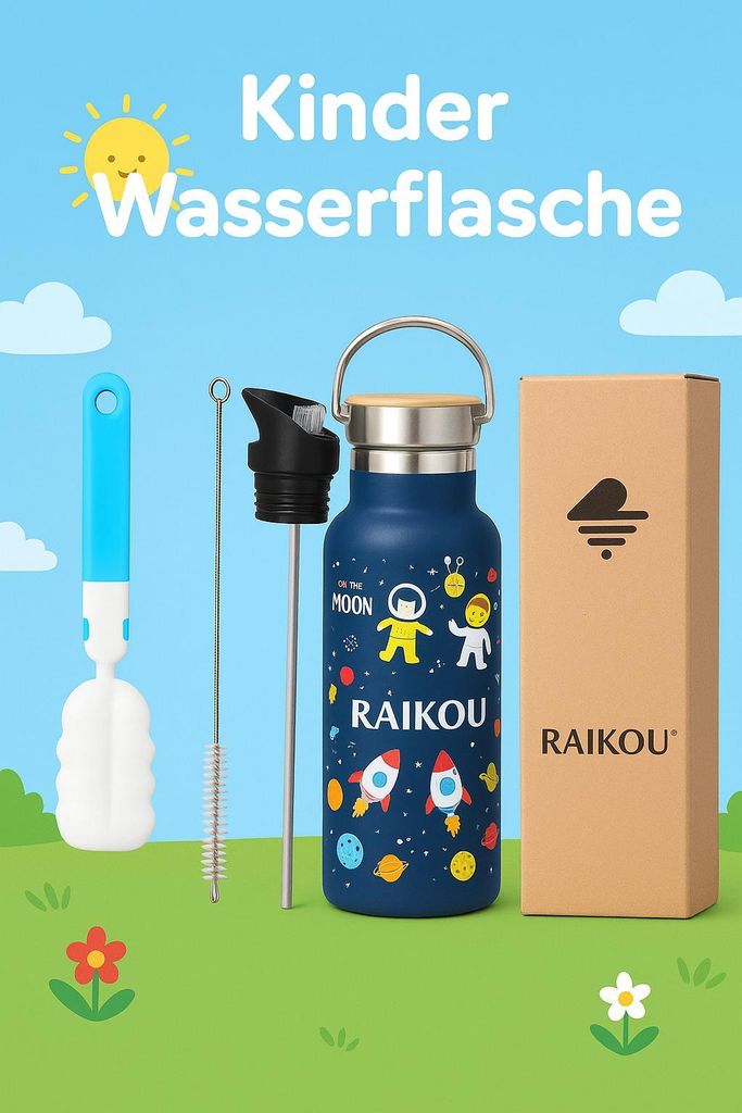 RAIKOU Trinkflasche 350ml Wasserflasche Thermoflasche mit 2 Deckel Nachtblau