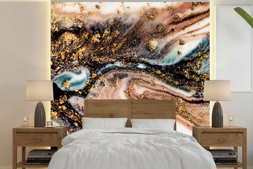 MuchoWow Fototapete für Wohnzimmer oder Schlafzimmer Wandtapete Vinyl Motivtapete Marmoroptik - Gold - Schwarz - Glitzer - Chic - 240x240 cm - S...
