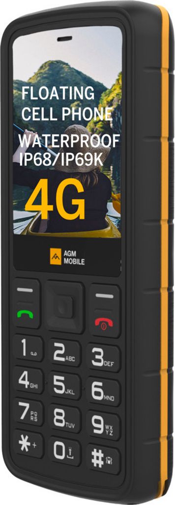 A rugged cell phone with promotional text on its screen.