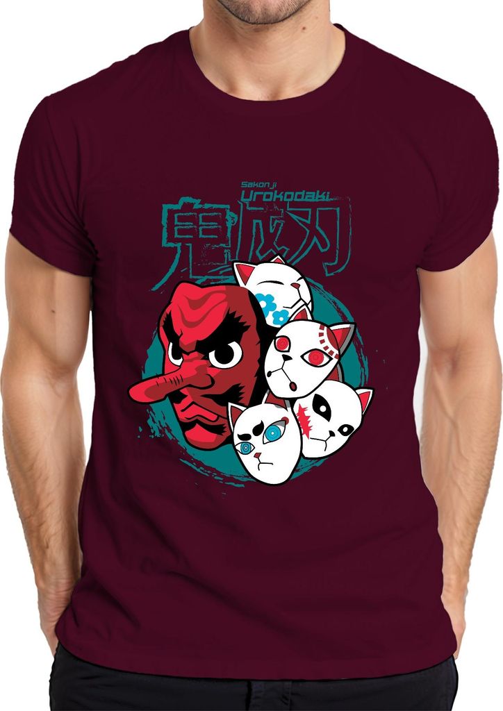 Tengu Maske Urokodaki Kitsune Masken Japan Anime Halloween Herren T-Shirt, Burgundy, S