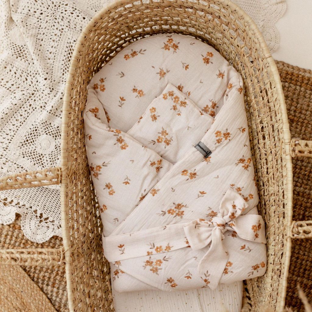 Muminky | Baby Einschlagdecke - 75x75 cm - Braune Blüten - Musselin-Baumwolle - Weich, Atmungsaktiv, Sicher