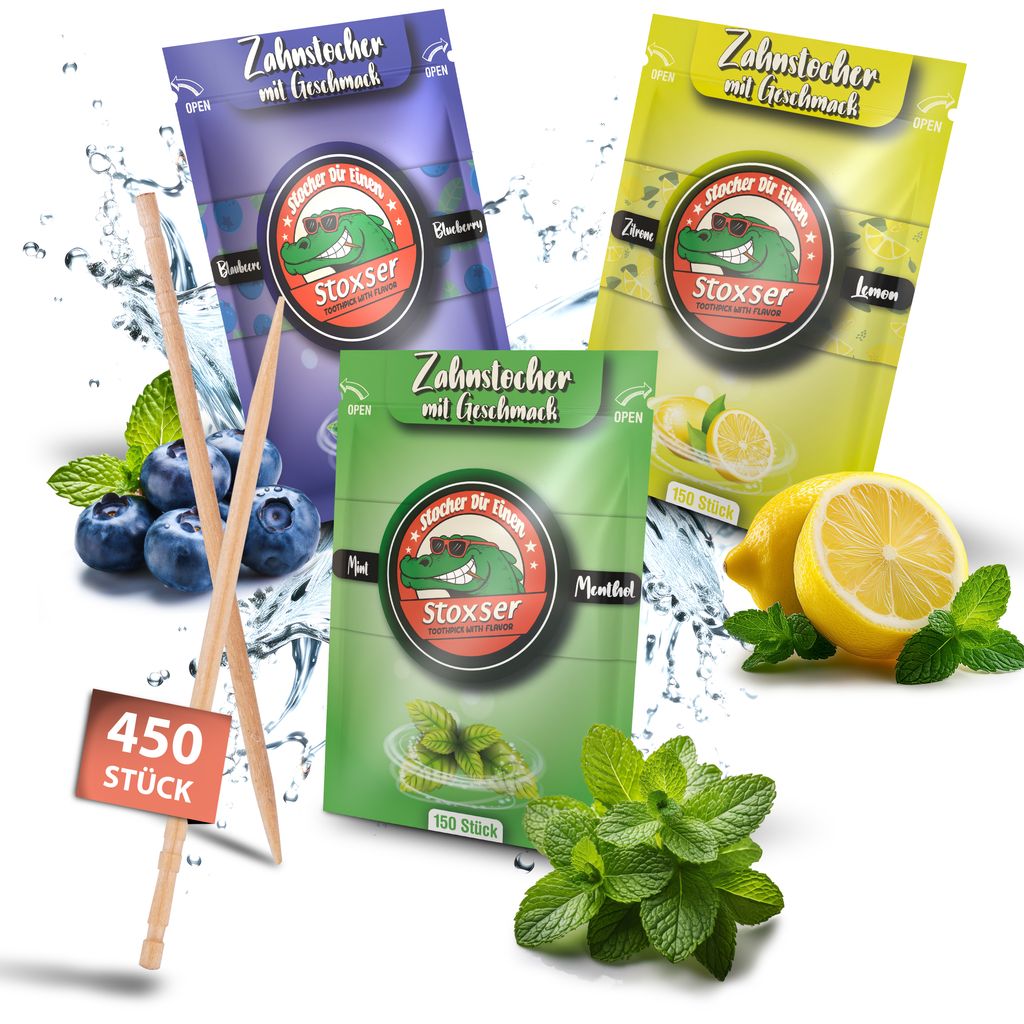 Stoxser 450x Zahnstocher mit Geschmack 3er Pack Blaubeere und Zitrone/Lemon und Mint/Menthol Geschmacksrevolution Zahnstocher Geschmack Kein Kaugummi