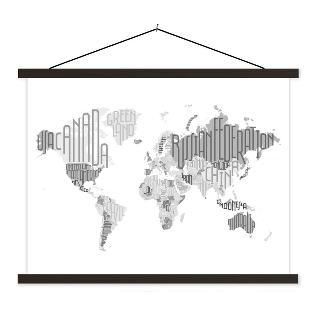 MuchoWow Textilposter Weltkarte - Buchstaben - Grau 40x30 cm mit schwarzem Rahmen - Dekorationen