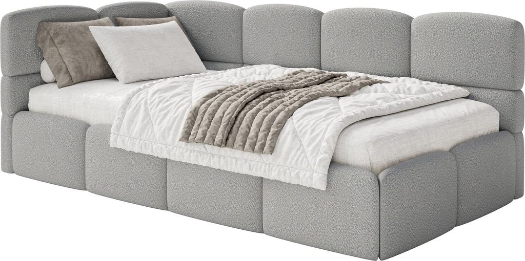 Selsey Cloudy – Einzelbett 120x200, Kopfteil links, Matratze & Bettkasten, Bouclé Grau