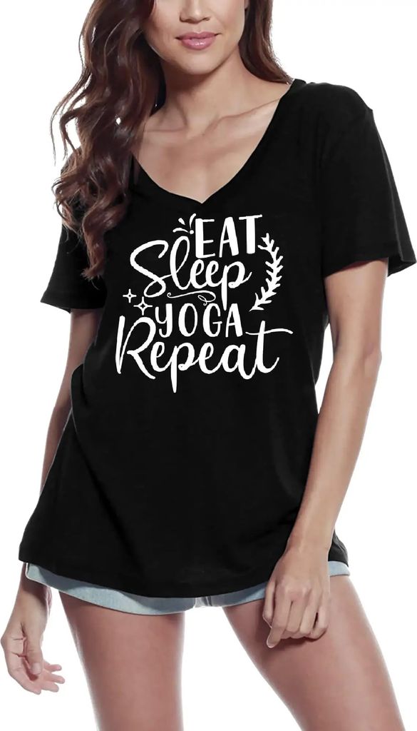 Damen Grafik T-Shirt V-Ausschnitt Essen Schlafen Yoga Wiederholen – Eat Sleep Yoga Repeat – Öko-Verantwortlich Vintage Jahrgang Kurzarm Lustig...
