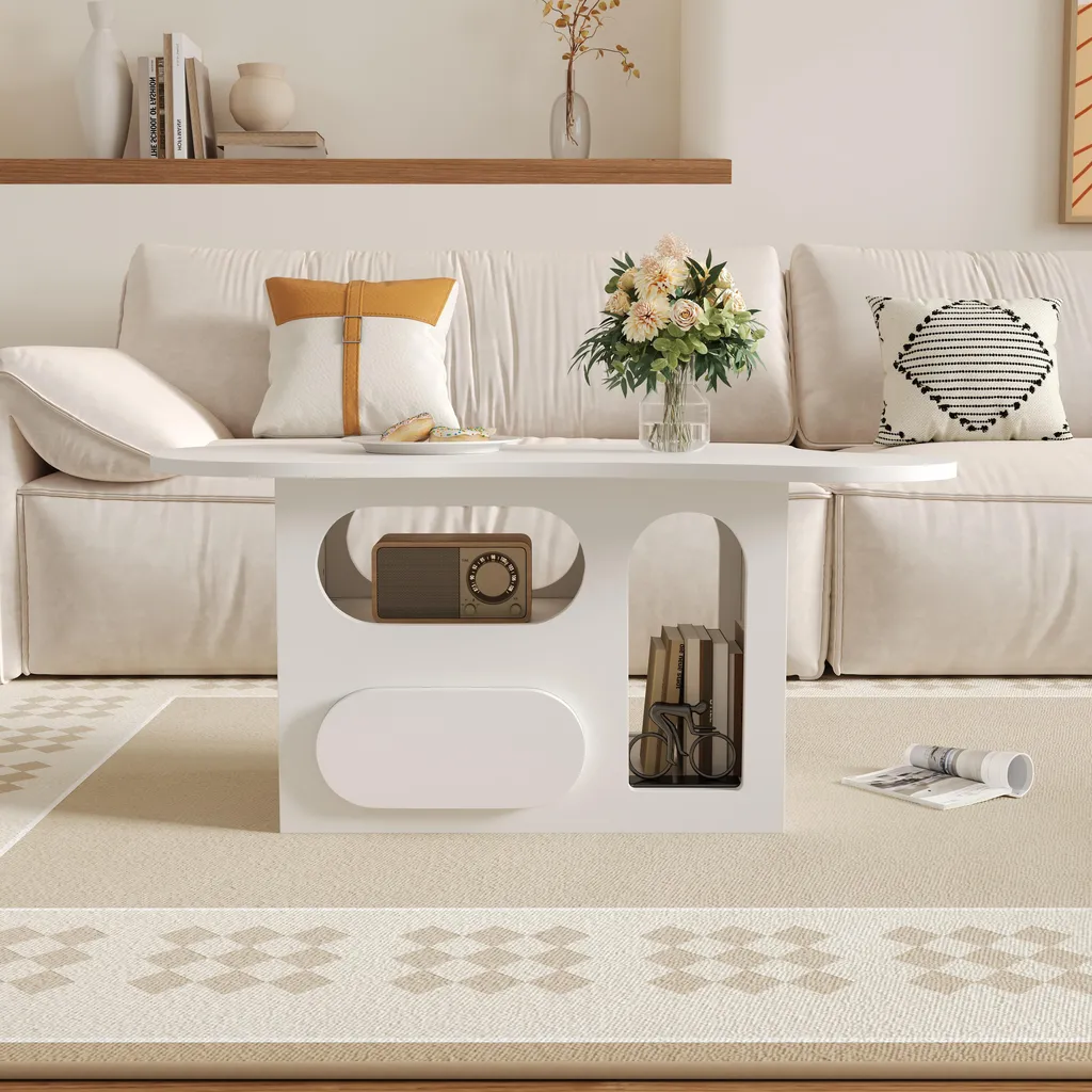 Table basse design blanc pour optimiser l'espace de votre salon moderne