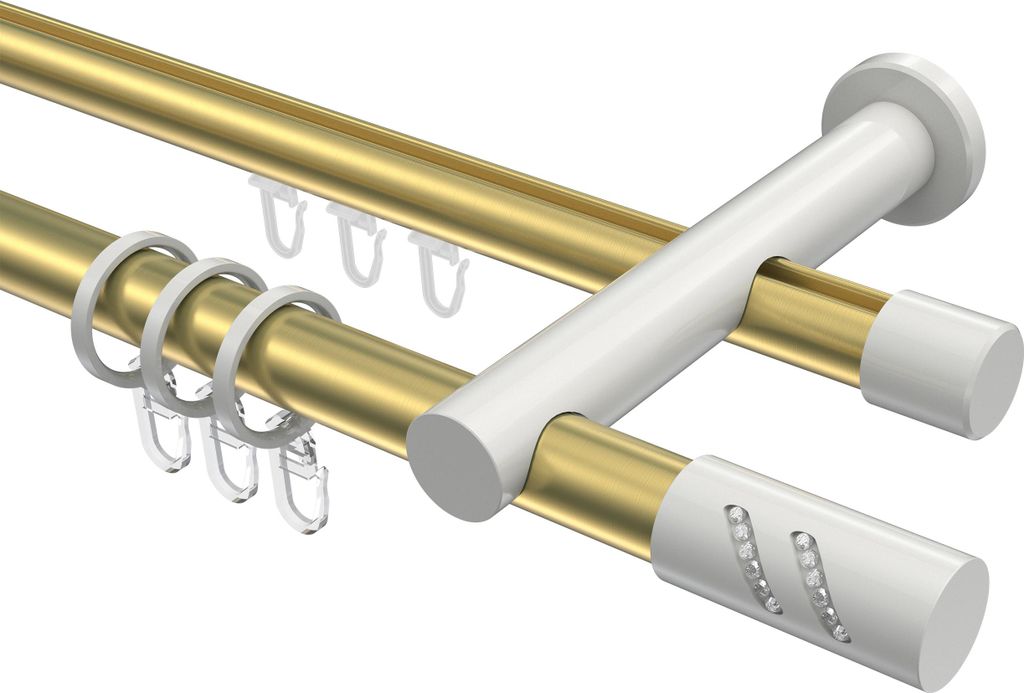 Interdeco Rundrohr-Innenlaufstange / Gardinenstange (Kombination) Messing-Optik / Weiß, Typ Platon Zoena (Glitzerzylinder), 20 mm Ø 2-läufig, 24...