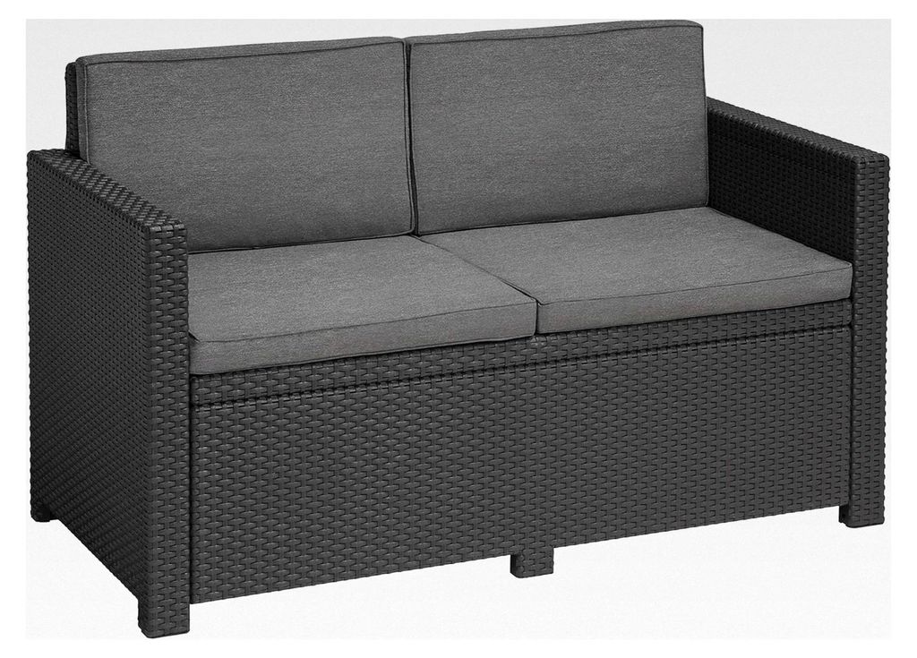 Allibert Victoria Gartensofa - 2-Sitzer Lounge Sofa in Rattanoptik, inkl. Sitz- und Rückenkissen, pflegeleicht, wetterfest, grau, 129 x 63 x 77 cm