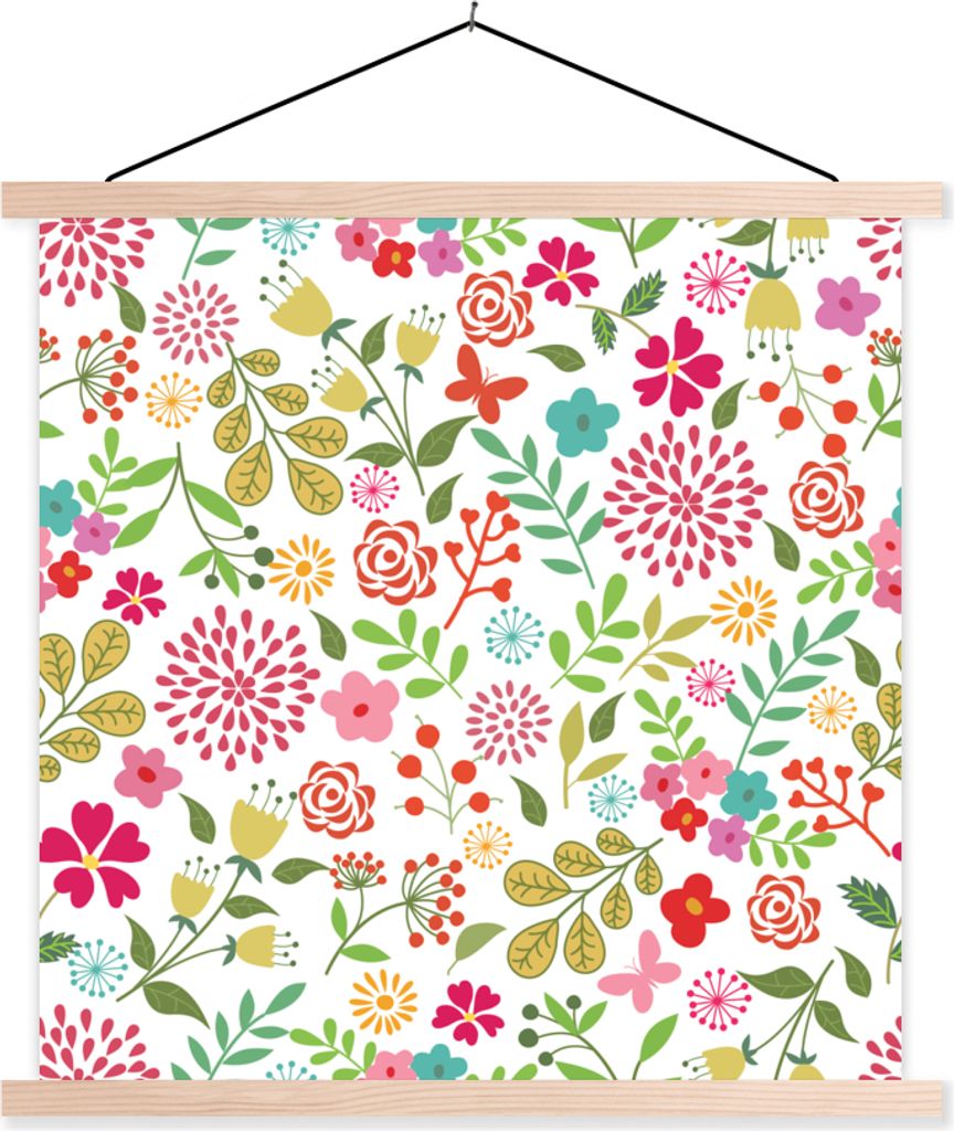 MuchoWow Textilposter Blumen - Farben - Muster 120x120 cm mit holzfarbenen Rahmen - Textil-Poster