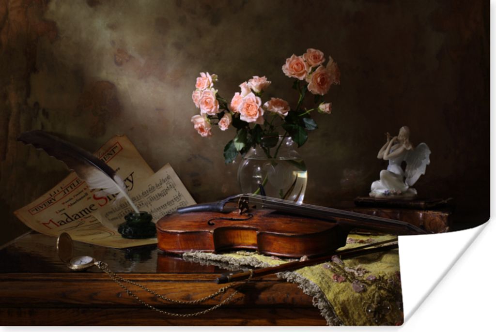 MuchoWow Poster Violine - Rosen - Rosa - Blumen - Stilleben 120x80 cm - Bilder
