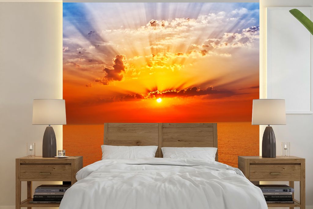 MuchoWow Fototapete für Wohnzimmer oder Schlafzimmer Wandtapete Vinyl Motivtapete Sonnenuntergang - Meer - Himmel - Orange - Horizont - Wasser -...