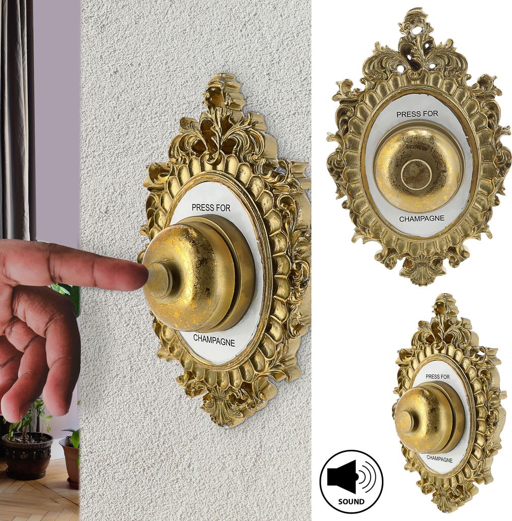 Klingel 'Press for Champagne' 14,5x22x14,5cm Eisen gold Concierge-Glocke Klingelton Dekoklingel Champagnerklingel