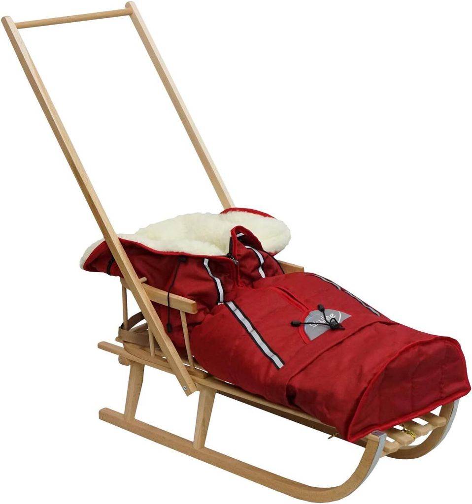 Holzschlitten für Kinder mit Rückenlehne Rodelschlitten Davoser Schlitten aus Holz mit einem Sicherheitsgurt, Rückenlehne und Winterfußsack