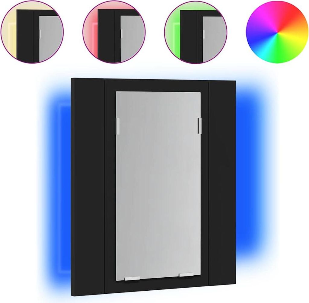 A black LED bathroom cabinet with a mirror, illuminated by blue light. Small circular images above show different color lighting options and a color wheel.