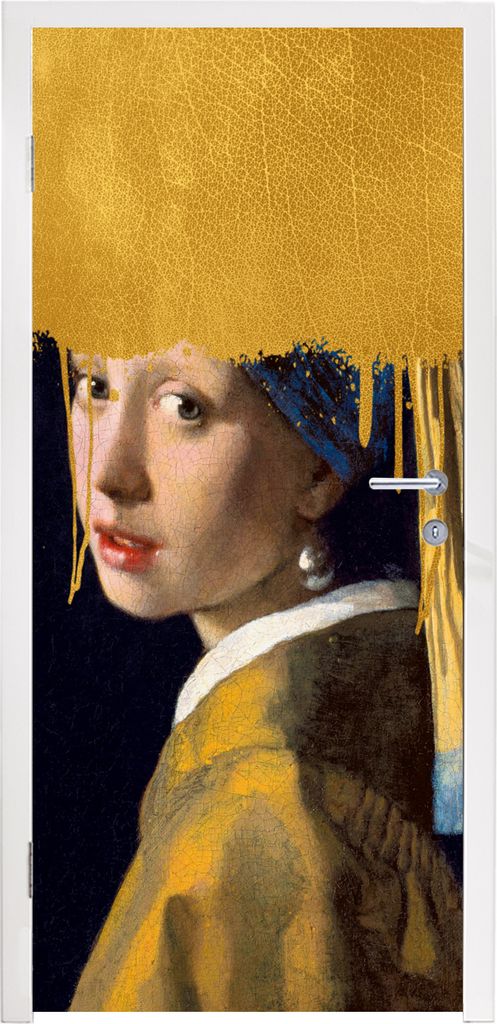 MuchoWow Türtapete Selbstklebende Türfolie Mädchen mit einem Perlenohrring - Gold - Vermeer 75x205 cm Türposter Türaufkleber Klebefolie Tür...
