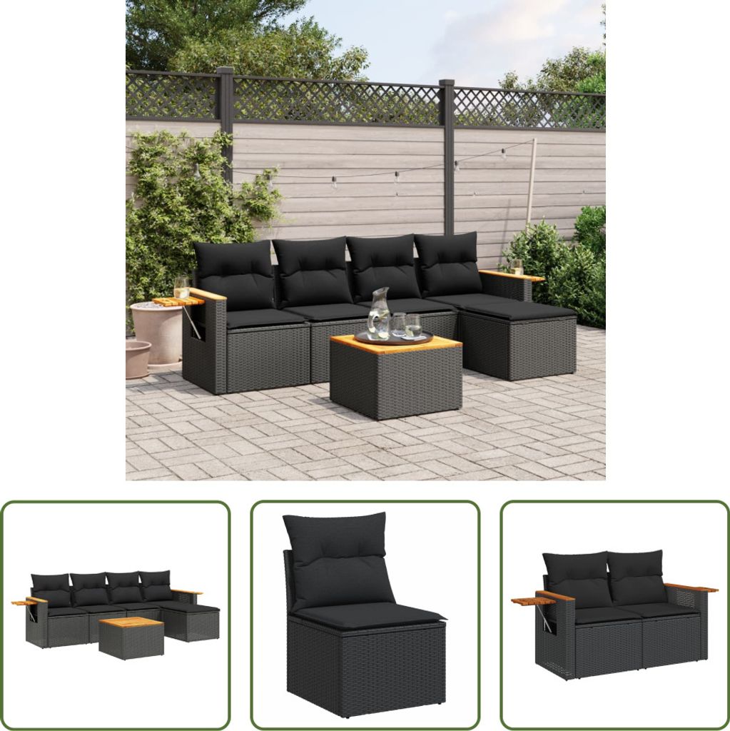 The Living Store 6-tlg. Garten-Sofagarnitur mit Kissen Schwarz Poly Rattan