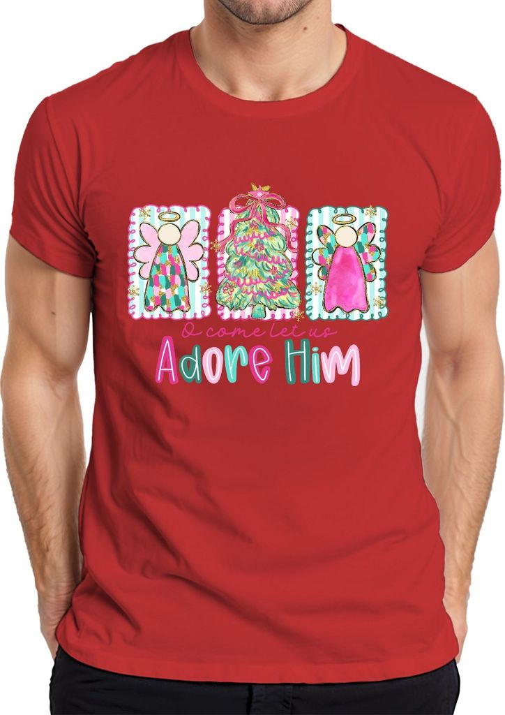 O come let us Adore Him Engel Weihnachtsbaum Christlich Pastell Herren T-Shirt, Rot, XXL