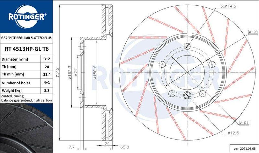 ROTINGER RT 4513HP-GL T6 Bremsscheibe OE 34116774875 kompatibel mit X1, 4er F36, 4er F32, 4er F33, 3er F31, 3er E91, 3er F34, 3er E92, 3er E93, 3er...