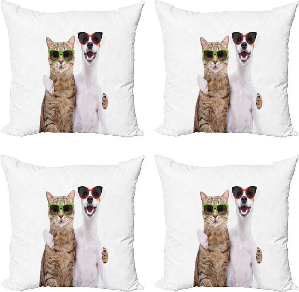 ABAKUHAUS Komisch Kissenbezug Set (4 Stück), Katze und Hund in den Sonnenbrillen, Moderner Doppelseitiger Digitaldruck, 60 cm x 60 cm, weiß Multi...