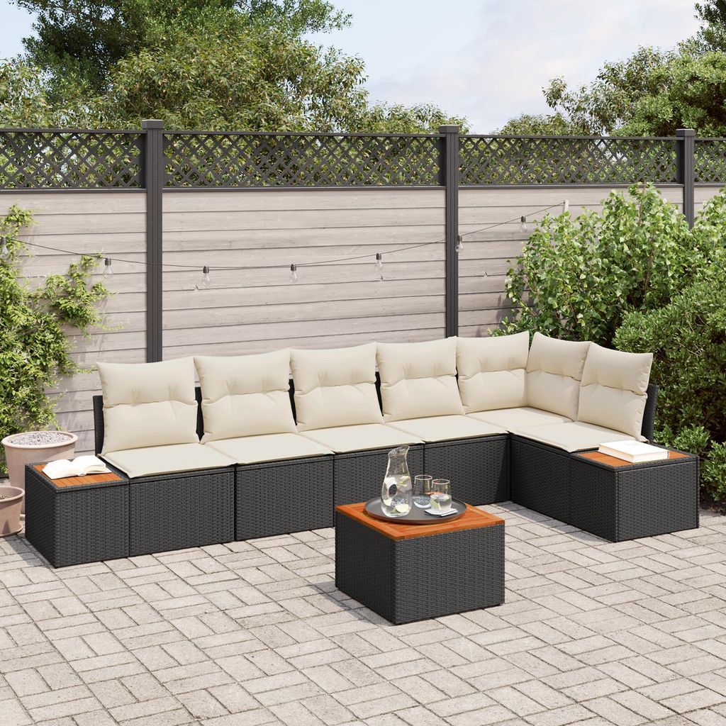 7-teiliges Garten Sofaset mit Kissen Schwarz Poly Rattan Akazie, Design Gartensofas Neu
